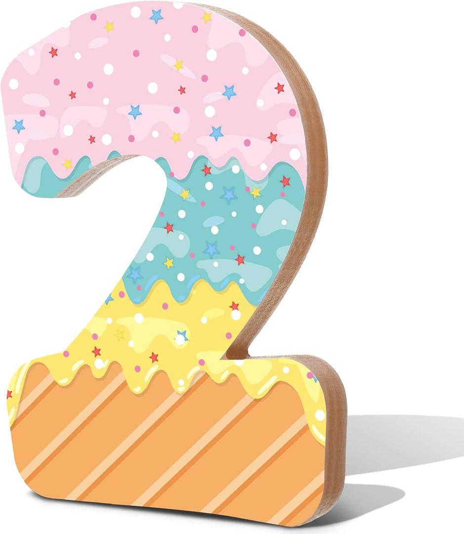 Ice Cream Birthday Decorations Two Years Old Wood Centerpieces for Tables Ice Cream Sign Number 2 Photo Props Ice Cream Birthday Party Supplies for Girls Boys Sweet Wooden Table Toppers
