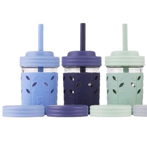 Elk and Friends Kids + Toddler Glass Cups | The Original 8oz Glass Mason Jar with Sleeves + Lids | Silicone Straws + Stopper | Smoothie Cup | Food Storage | Spill Resistant | Dishwasher Safe | 3 Pack