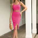 Pink Queen Women's Spaghetti Strap Cutout Side Slit Ribbed Knee Length Bodycon Midi Dress Club Party Dresses for Women (Pink, M)
