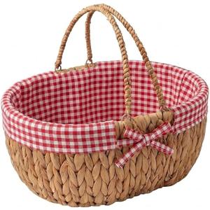 Large Picnic Basket with Handles, Handwoven Water Hyacinth with Removable and Washable Lining, Oval Basket for Camping, Outdoor, Gift, Home Decor, Red