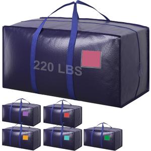 6 Pack Moving Bags Heavy Duty 210GSM with Full-Open Side Zipper, 93L 65lbs Waterproof Foldable Storage Totes for College Dorm Move-In, Moving Boxes Alternative & Home Organization, Blue
