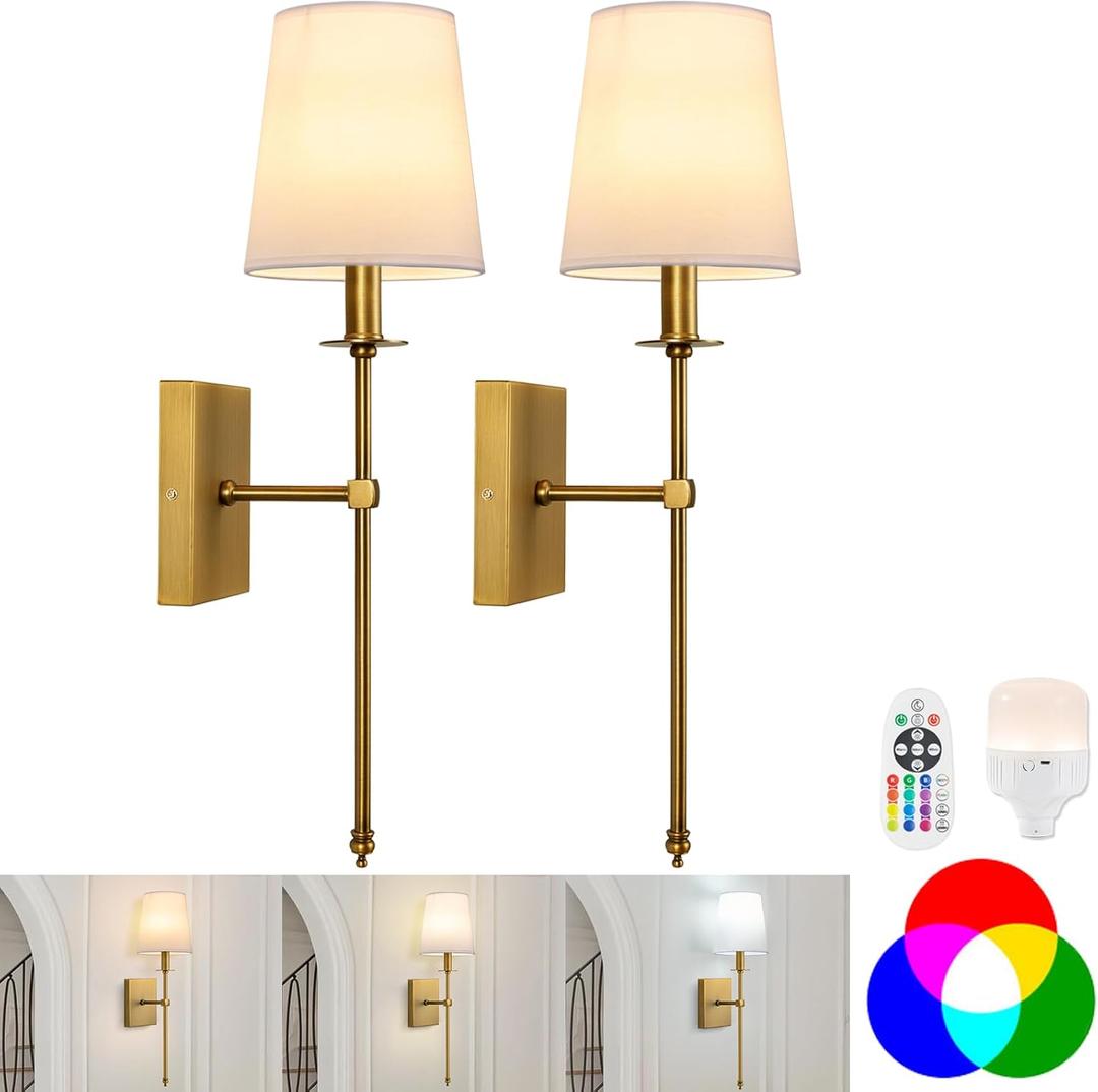 TERLEENART Rechargeable Battery Operated Wall Sconces Set of 2 with Remote Control,No Wiring 15 Colors Dimmable Wall Light with White Fabric Shade,Wireless Wall Lamps for Bedroom Living Room Hallway