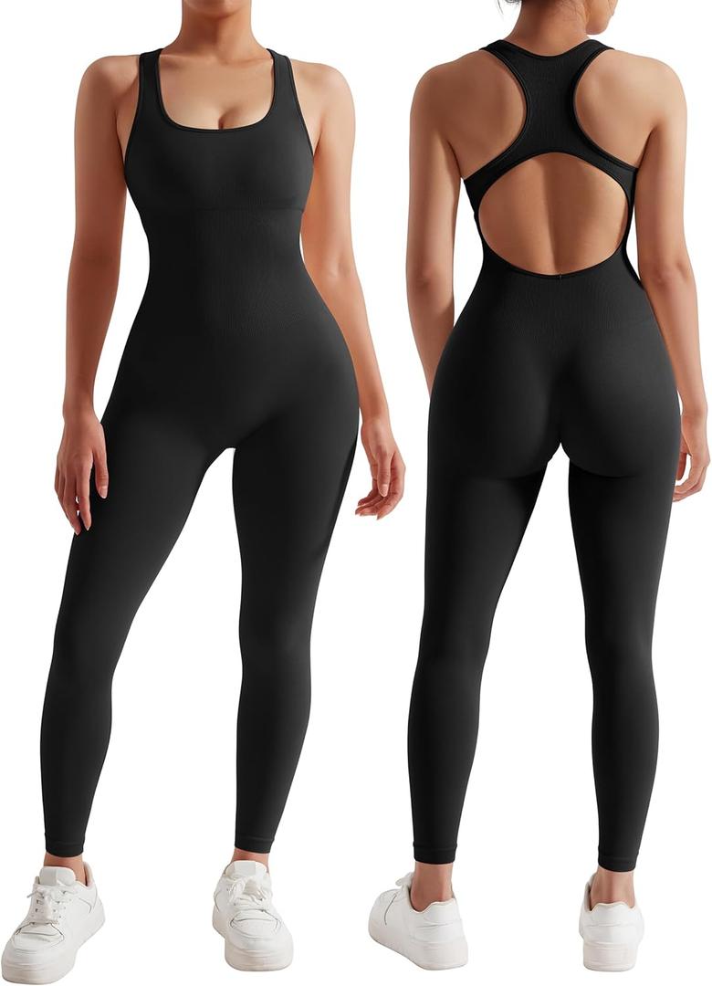 RXRXCOCO Women Backless One Piece Jumpsuits Sleeveless Scoop Neck Bodycon Romper Seamless Workout Yoga Jumpsuits (Medium, #005 Black)