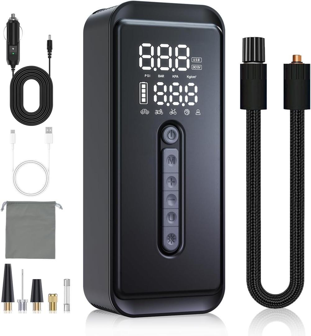 Yeaban Tire Inflator Portable Air Compressor-4X Faster 150 PSI -Rechargeable Battery & 12V DC Dual Power Supply, Smart Air Pump for Car Motorcycle Bicycle Ball with LED SOS Lighting (Black)