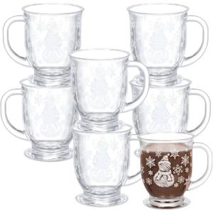 Sliner 6 Pcs Snowman Mugs Coffee Mugs Winter Snowflake Glass Mug with Handle 15 oz Winter Holiday Clear Cups for Chocolate Cocoa Women Men Christmas Gift (White)