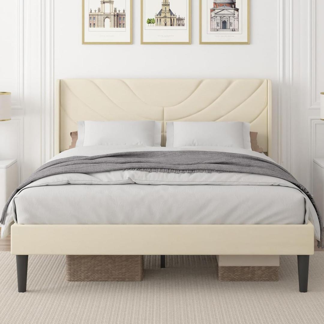 VECELO Upholstered Platform Full Bed Frame with Fabric Headboard,Wooden Slats Support/No Box Spring Needed/Mattress Foundation,Beige