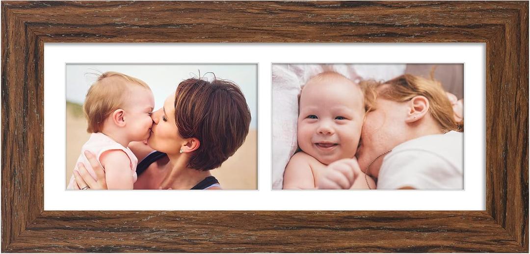 6x15 Picture Frame Display 2 opening 5X7 Double Picture Frame Collage,Multi Photo Frame with Mat,Plexiglass,Horizontal and Vertical Formats for Wall Dcor,Carbonized Brown Wood Grain