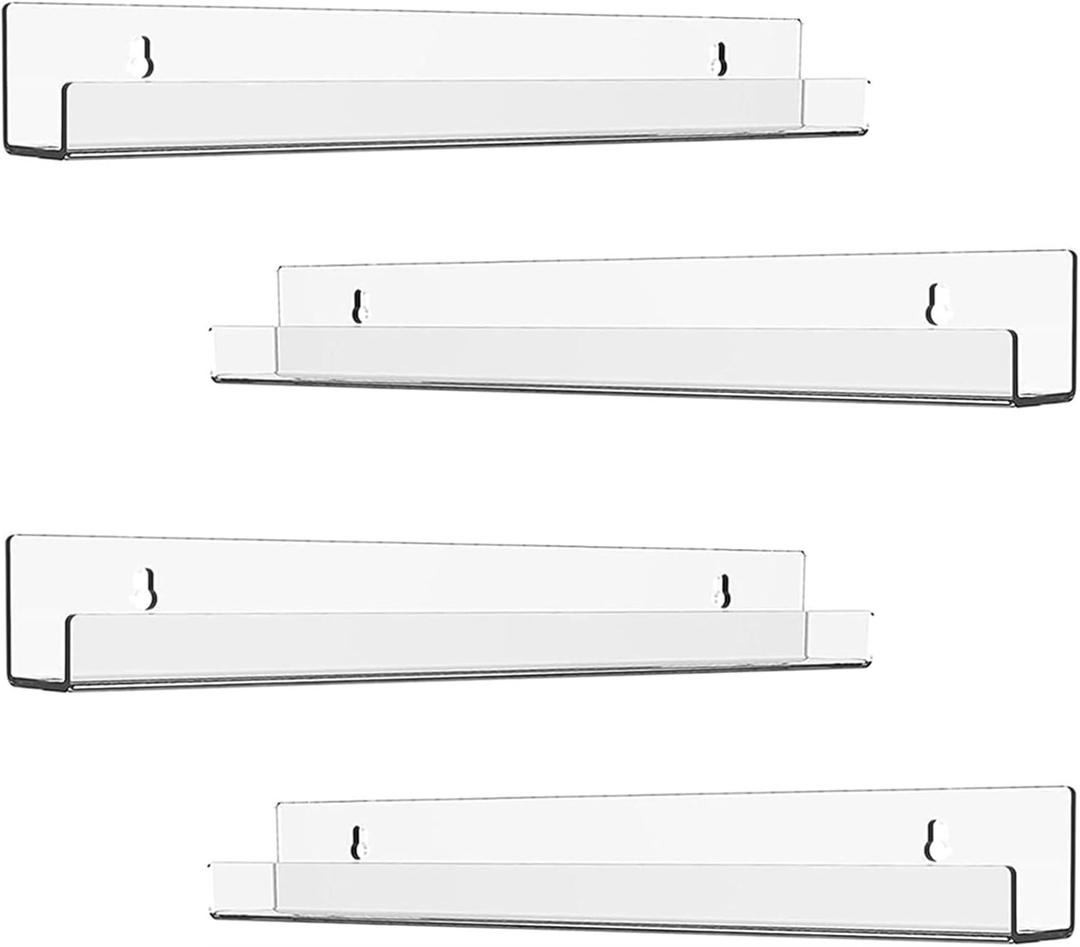 ROYALITA 4 Pack Clear Acrylic Shelves Vinyl Record Holders Wall Mount, 12 Inch Floating Vinyl Holder for Album Record/Nail Polish Display & Wall Decor