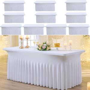 10pk White Spandex Tablecloths 6ft for Rectangle Tables, Wrinkle Free Classy Table Skirt Stretchy Fitted Table Cloths Covers 6 Foot for Weddings Birthday Party Events Banquette Baby Shower