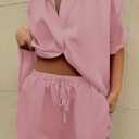 Fixmatti Women 2 Piece Outfits Long Sleeve Button Down Blouse and Shorts Sweatsuit Sets (Pink, M)