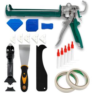 14Pcs Caulk Gun Kit Duty Caulk Gun 3 in 1 Silicone Caulking Tools 4Pcs Glass Glue Angle Scraper Caulking Nozzles Putty Knife Scraper 2 Rolls Masking Tape for Kitchen Bathroom Window Tile Sink Joint