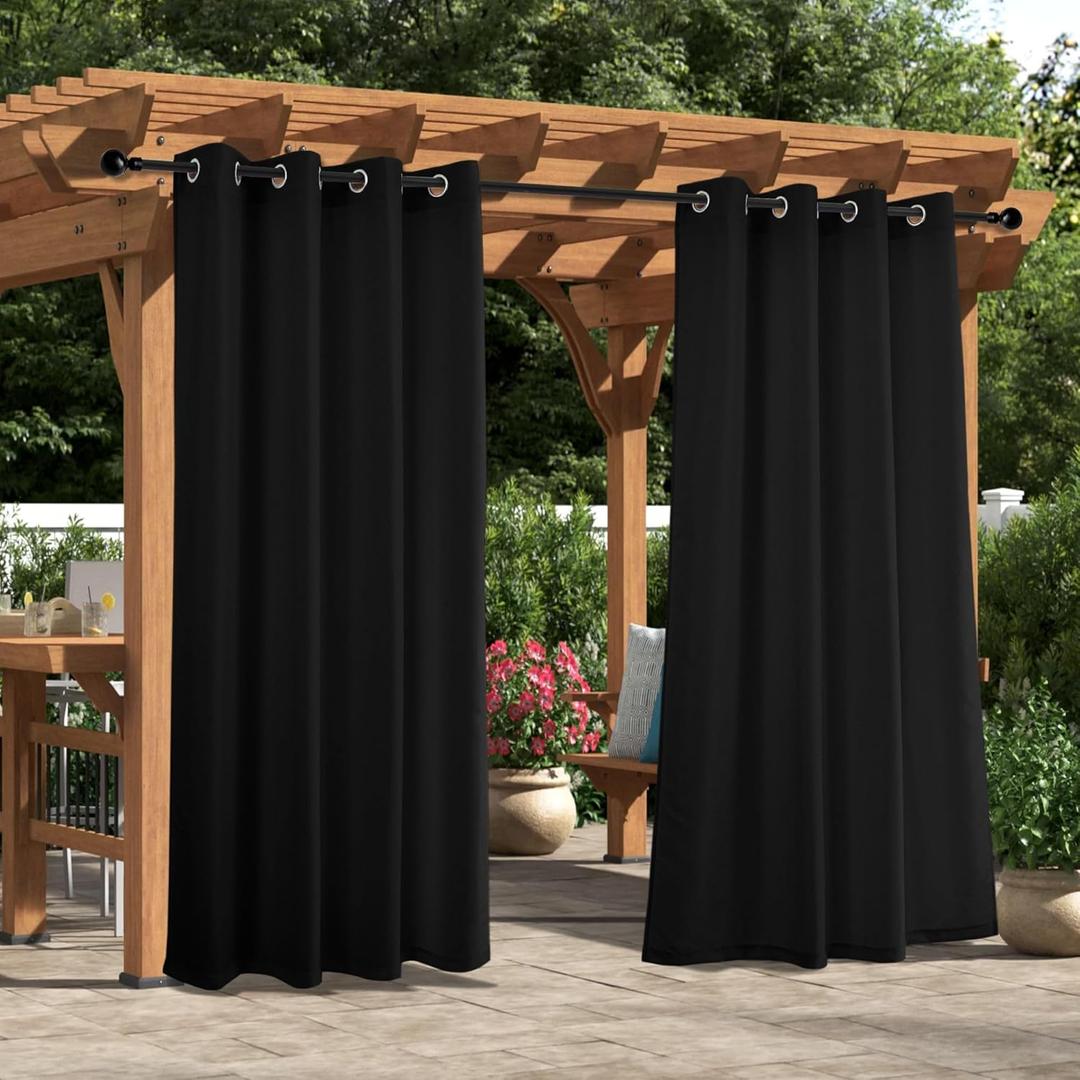 Outdoor Curtains for Patio - 4 Panels Waterproof Grommet Top Curtains, Gray Woven Textured Outside Curtain for Gazebo, Porch, Pergola, Cabana, Deck, Sunroom, 52W x 84L inch, Black
