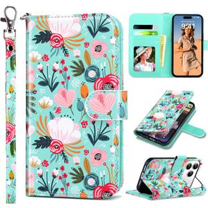 ULAK Compatible with iPhone 17 Pro Wallet Case, Women PU Leather Shockproof Protective Folio Flip Cover with [RFID Blocking] Card Holder Kickstand for 17pro 6.3 inch 2025, Mint