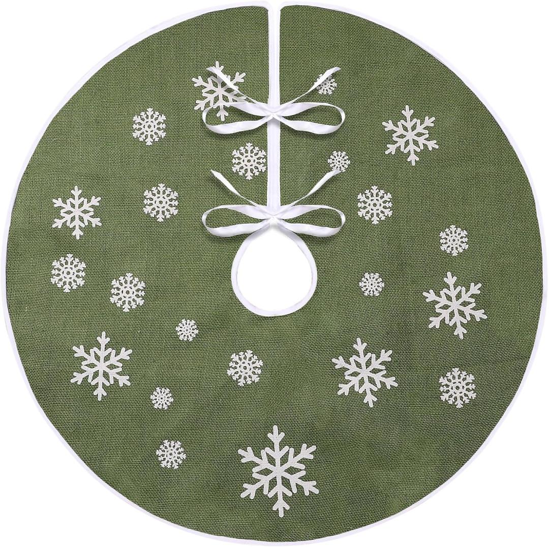 MACTING Christmas Small Tree Skirt, 30 Inch Green Burlap Tree Mat with White Snowflake Printed for 5FT Xmas Tree Farmhouse Holiday Party Indoor Home Decorations