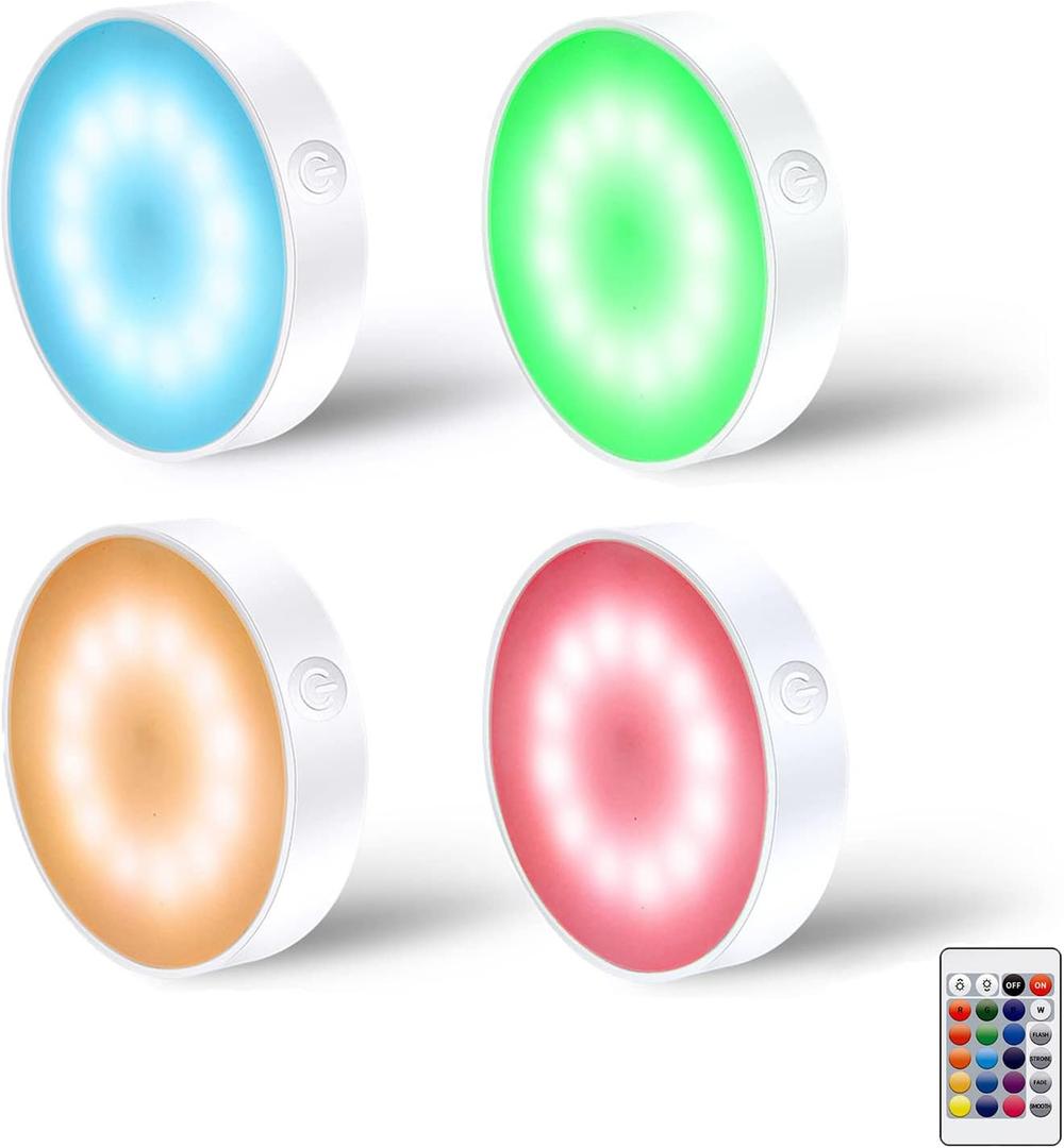 LAVAED 4 Pack RGB+W 16 Color Changing Puck Lights with Remote Control 12LED Dimmable Closet Lights 600mAh USB Rechargeable Under Cabinet Lights,Christmas Decor Indoor for Bathroom Bedroom Kitchen