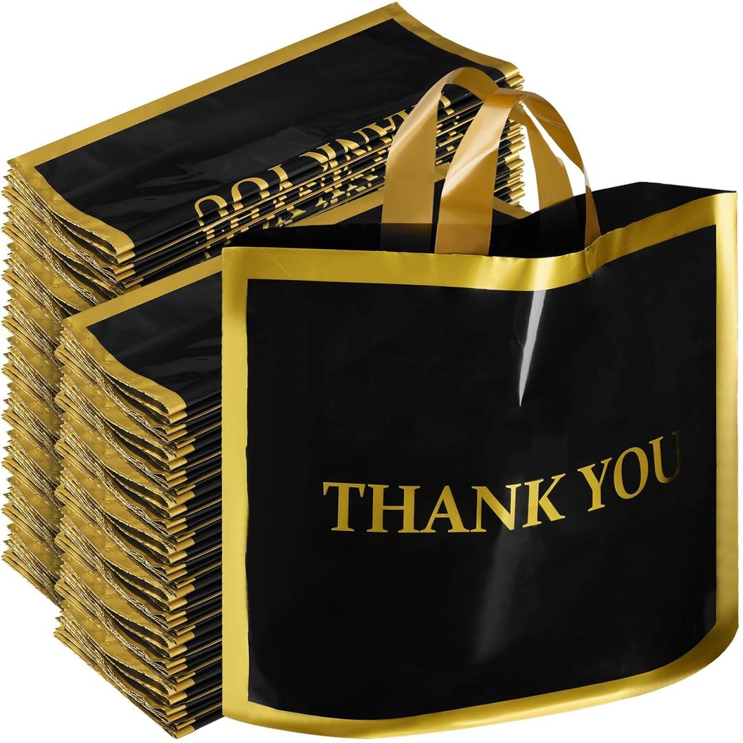 Sweetude 200 Pcs Black Thank You Plastic Shopping Bags with Handle 12 x 15 In Merchandise Boutique Bags for Small Business Gifts Stores