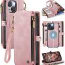 Defencase for iPhone 15 Plus Magnetic Wallet Case Compatible with Magsafe with RFID Blocking Zipper Strap Card Holder for Women Men, PU Leather Detachable Case for iPhone 15 Plus (6.7 inch), Rose Pink