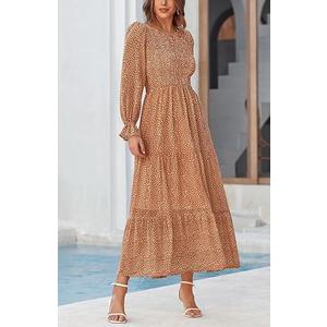 BTFBM Women Casual Long Sleeve Crew Neck Fall Dress Bohemian Relaxed Fit Floral Flowy Maxi Dresses Tiered Cocktail Dress
, Size M