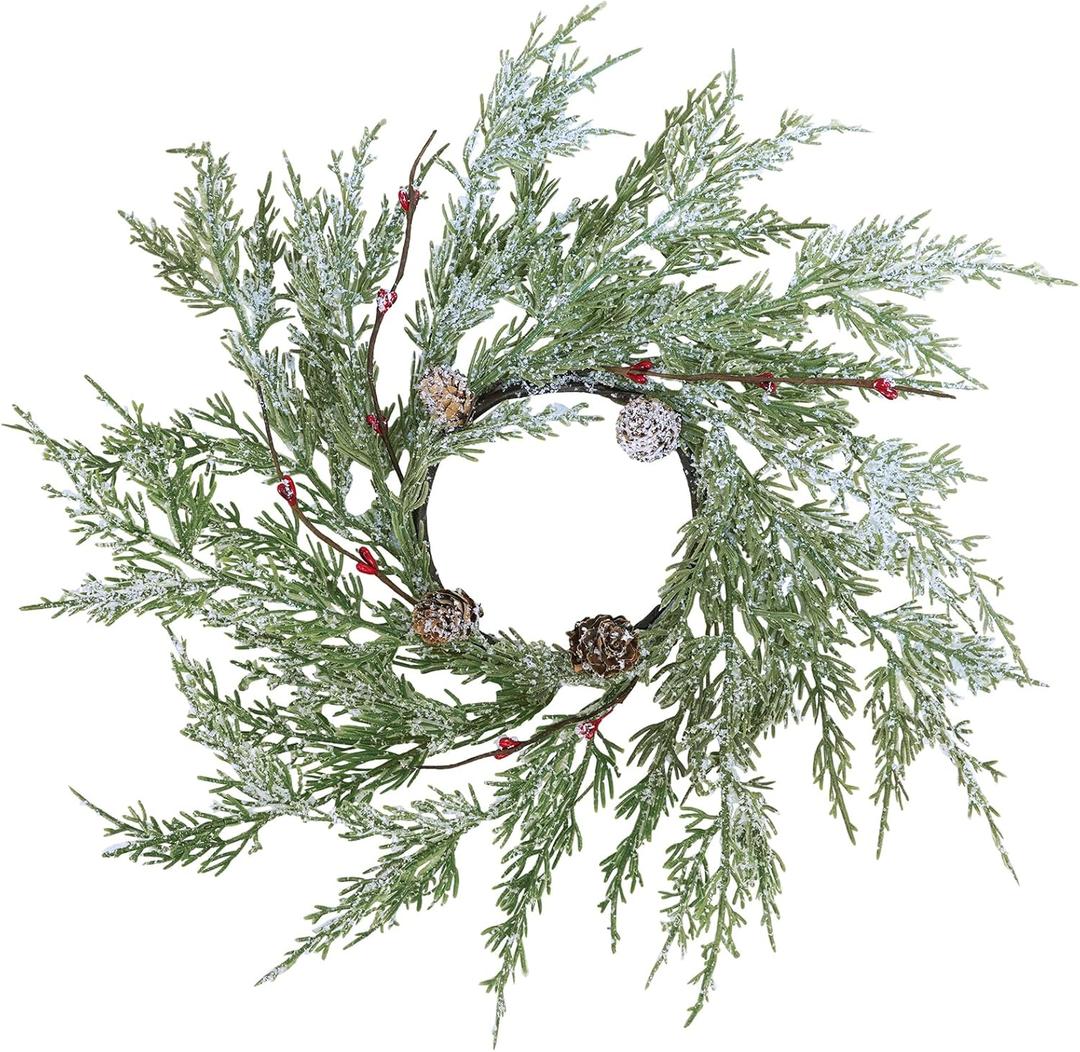 Winlyn 4 Pcs Artificial Snowy Cedar Pine Candle Rings Christmas Candle Holder Rings Wreaths with Pine Cones Red Pip Berries Mini Winter Wreaths 15.7" Wide for Farmhouse Christmas Winter Holiday Dcor