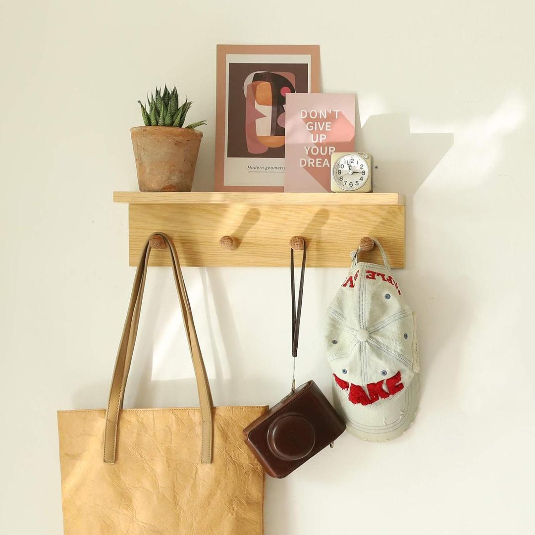 Wall Mount Coat Rack with Shelf, Sturdy Wooden Floating Shelf withHooks Save Your Indoor Space, Wall Organizer siutable for Entryway, Mudroom,Kitchen, Bathroom, etc(Oak Finish)