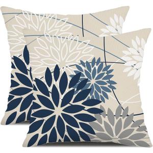Blue and Gray Floral Pillow Covers 24x24 Set of 2 Outdoor Waterproof White Colored Decorative Throw Pillows Summer Pillowcase Polyester Cushion Case Decor for Couch Patio Funiture Garden Porch 01B24