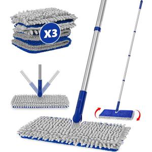 Enspoway 2Sided Microfiber Dust Mop: Dry Flat Wall Mop for Hardwood Floors with 3 Reusable Pads Reversible Head for Apartment Kitchen Tile Laminate Pet Hair Cleaning