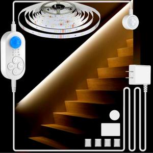 Dual Motion Sensor Light Indoor - Plug-in Motion Activated LED Stair Step with Double Sensors, Dimmer and Timer for Stairway, Bedroom, Corridor (Warm White 3000K 32.8FT Light Strip)