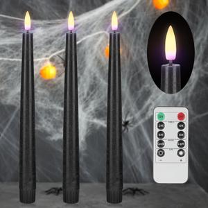 Black Flameless Taper Candles with Remote, Real Wax Halloween Candles, 9.6 Inch Battery Operated Led Candlesticks for Party Home Festival Decor, 3 Pack Black Flameless Taper Candles with Remote, Real Wax Halloween Candles, 9.6 Inch Battery Operated Led Candlesticks for Party Home Festival Decor, 3 Pack