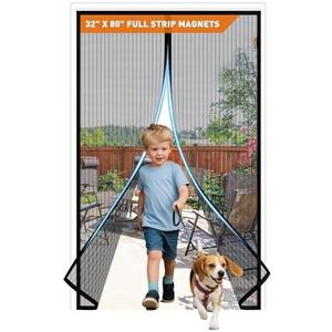 MAGZO Magnetic Screen Door with Full Strip Magnets, Fit Door Size 32 x 80 Inch, Screen Size 34" x 81" Magnets Net with Full Frame Hook & Loop for Patio Entrance, Black