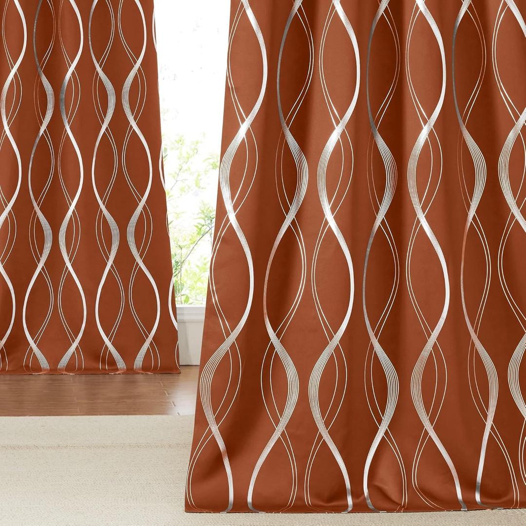 NICETOWN Burnt Orange Blackout Fall Curtains for Living Room 84 inch Long 2 Panels, 52x84, Easy Care Solid Thermal Insulated Wave Line Foil Printed Grommet Room Darkening Drapes for Bedroom Decoration