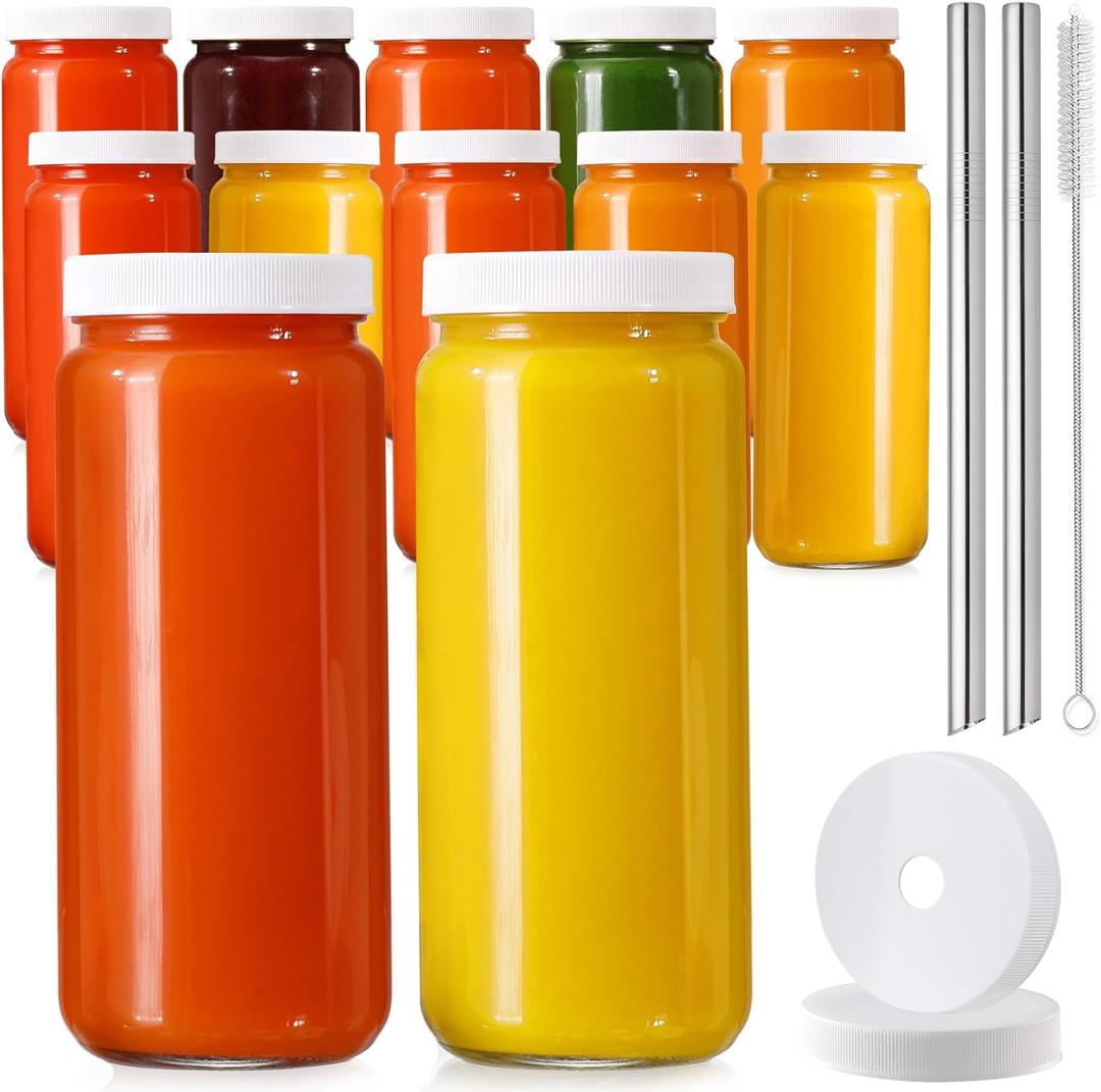 12 PACK, 16 OZ Glass Juice Bottles with Airtight Lids, Bonus 2 Straws & Perforated Lids, Reusable Juicer, Juicing Bottles - Clear Drinking Jars Cups, Water Bottle, Travel Juice Container, White Caps