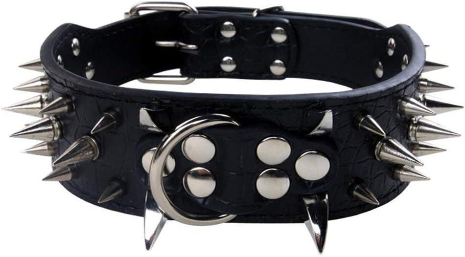 Izefia Dog Collar Sharp Spiked Studded Luxurious Padded Leather Collars for Medium Large Dogs - 2 Inch Width Necklace Anti-Biting (L, Black-SV)