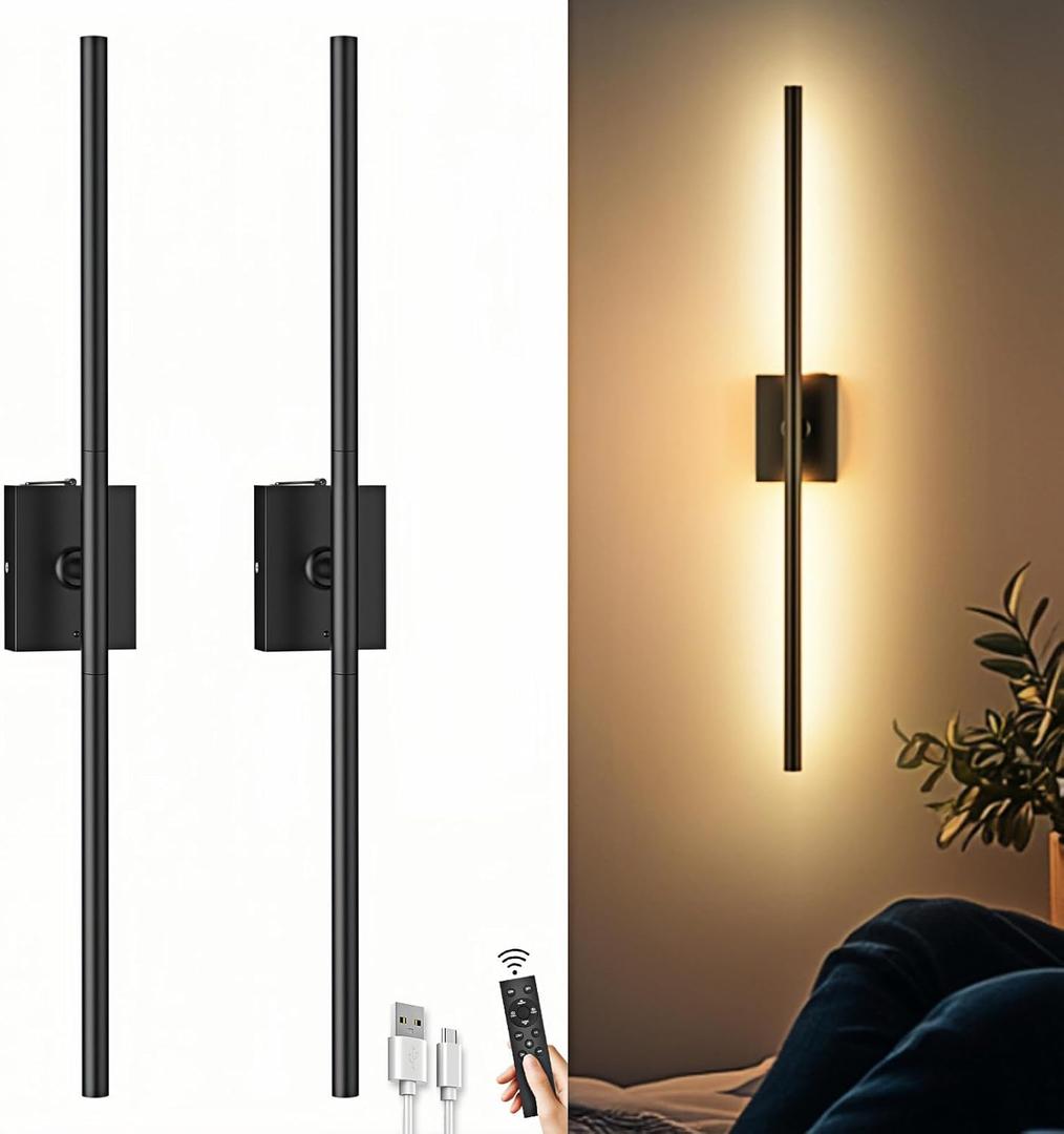 Wireless Battery Operated Wall Sconces Set of 2, 10000mAh Rechargeable LED Wall Lights with Remote Control, Gold 3000K-6000K Dimmable Timing Modern Wall Lamp for Living Room Bedroom, 31.5 inch