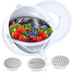 4-1 Colander with Bowl Set - Colander for Kitchen - Strainers and Colanders - Pasta Strainer - Fun Kitchen Presents - Rice Strainer Fruit Cleaner Veggie Wash Cooking Presents, White