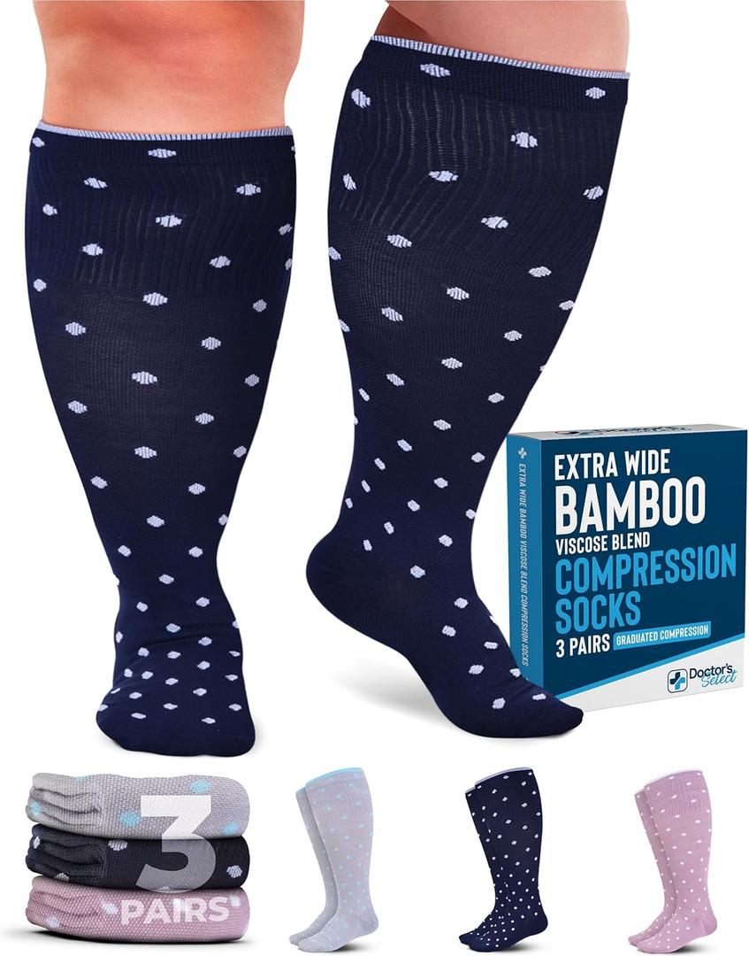 Doctor's Select 3 Pairs Plus Size Compression Socks Wide Calf | Bamboo Viscose Knee High Socks for Circulation Support | Wide Calf | Pink, Navy, Light Grey (Polkadots) (X-Large)