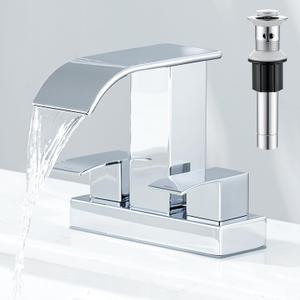 Chrome Bathroom Sink Faucet 2 Handles with Pop up Drain - Waterfall Bathroom Faucet Set 4 inch 2 or 3 Holes Centerset Mixer Tap Faucet with Supply Hoses for Bathroom Vanity Sink Vessel Basin