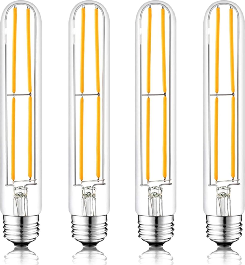 T10 7.3 Inch LED Bulb 6W (60W Equivalent) 2700K Warm White Edison Light Bulb 600lm Dimmable Long Tubular E26 LED Bulb for Rustic Pendant, Industrial Pipe, Wall Sconces, Chandeliers (4-Pack)