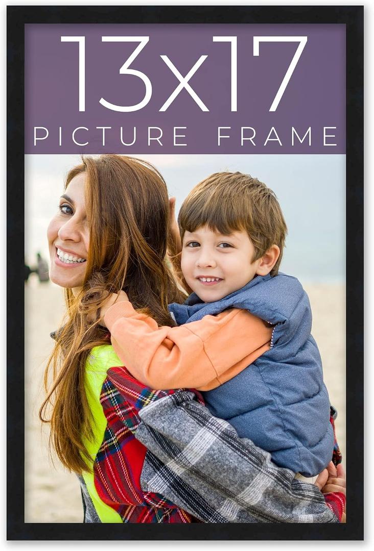 Black Real Wood 13x17 Picture Frame - 0.75 Inches Wide | 0.5 Inches Deep | Mid Century Style with UV Acrylic & Foam Board Backing