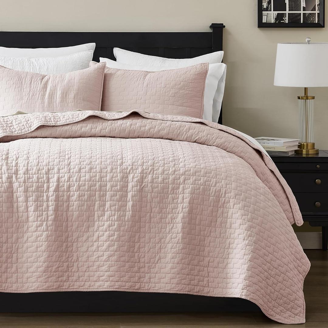 palassio Pink 100% Cotton Quilt Queen Size Bedding Sets with 2 Pillow Shams, Textured Lightweight Soft Bedspread Shabby Chic Coverlet, Quilted Comforter Bed Cover for All Season, 3 Pieces (Queen(90"x96")