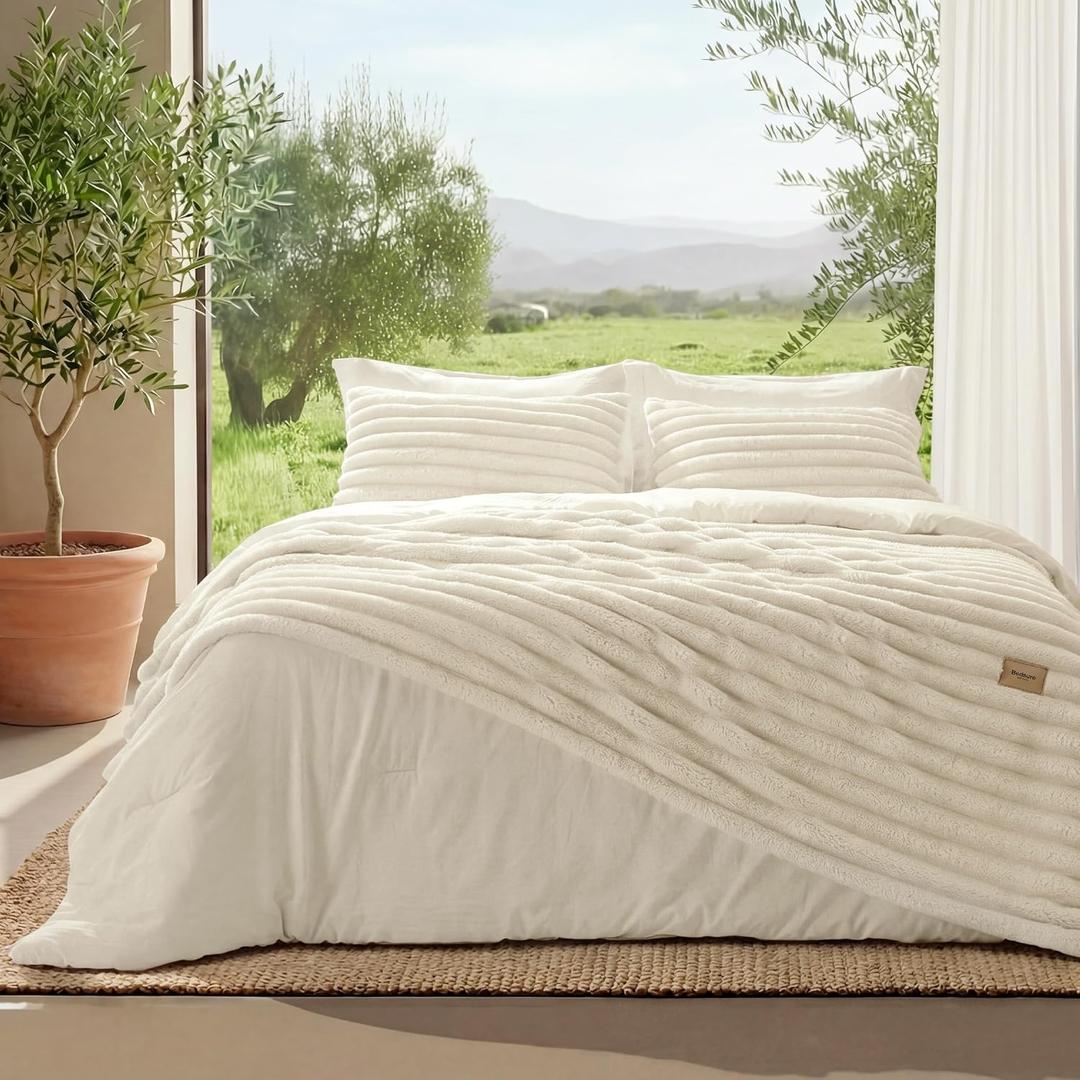 Bedsure Gentlesoft 2-in-1 King Size Comforter Set and Detachable Fluffy Blanket, Cream White Bedding Set For All Season Use, Detachable Design for Space Saving (Includes 2 Pillow Shams, 2 Pillowcases)