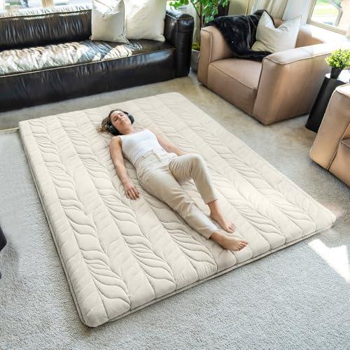 ZonLi Japanese Floor Mattress Futon Mattress Queen Size, Thicken Roll Up Tatami Mat 100% Cotton Washable Cover, Portable & Foldable Floor Bed Mattress for Sleeping, Dormitory, Adult Kids, Khaki (Queen (80"L x 60"W x 2.5"Th))