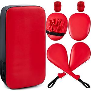 Poen 7 in 1 Taekwondo Kick Pad Boxing Training Equipment Punching Mitts Martial Arts Wrist Band Adjustable Soft Pads Set for Karate Muay Thai MMA Training (Red)