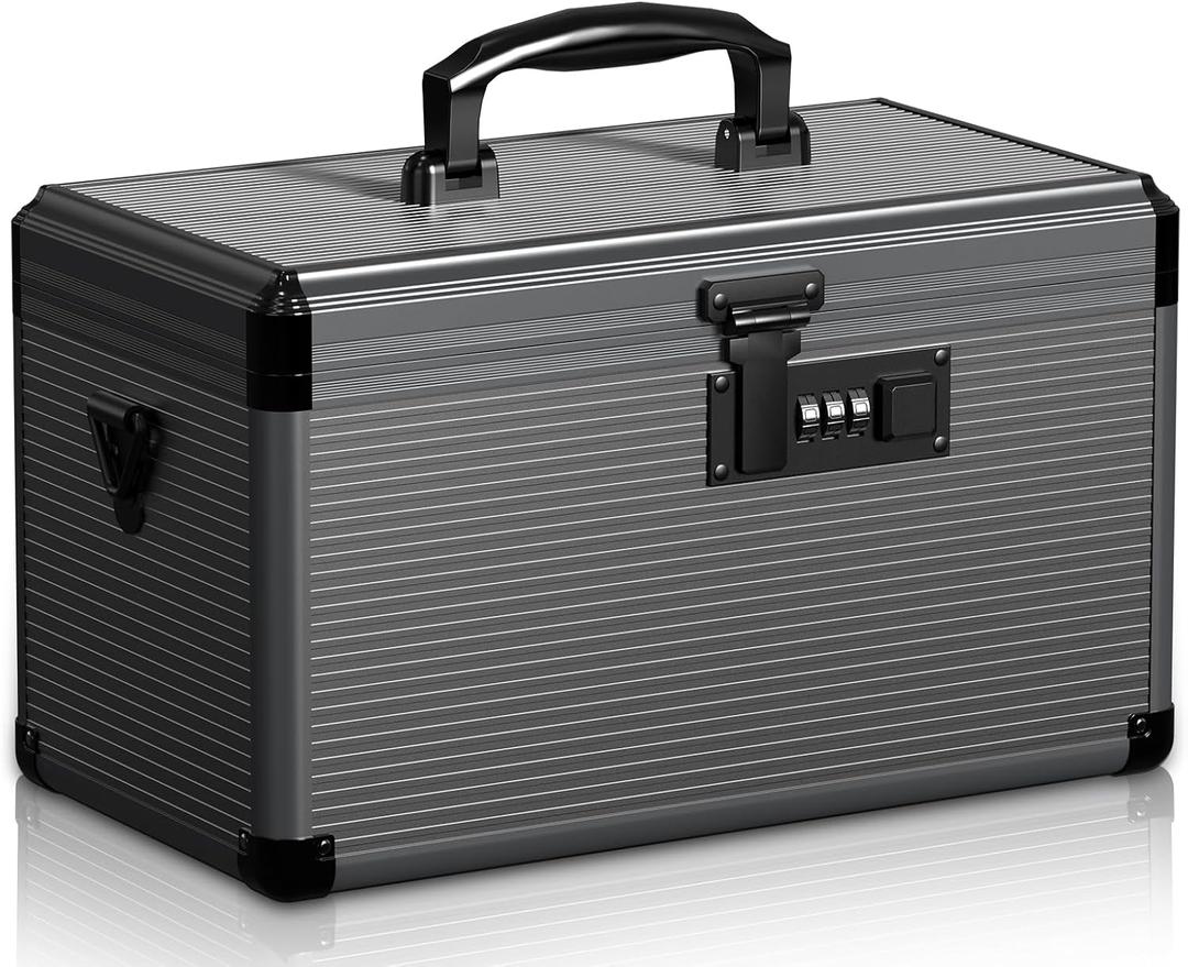 Medicine Lock Box with Code, Locking Medicine Box with Removable Tray & Pocket Bag, Portable First Aid Box for Home, 14 * 8.85 * 7.5 Inch (Black)
