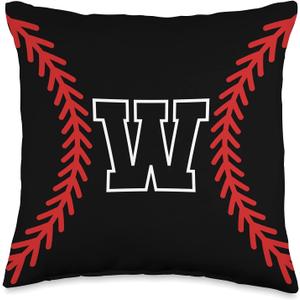 Letter Initial W Baseball Softball Black Red Monogram Throw Pillow, 16x16