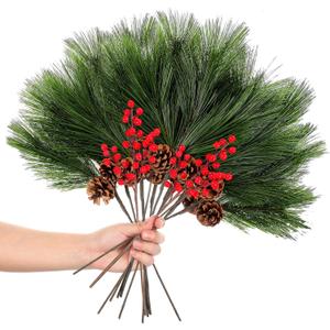 Giegxin 12 Pcs 19.7'' Artificial Large Long Needle Pine Branches with Pinecones and Red Artificial Berry Stems Fake Foliage Pine Needles Picks for DIY Christmas Home Garden Craft Holiday Season Decor