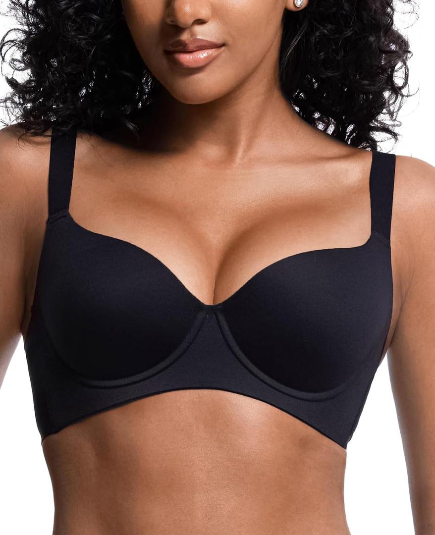 Seamless T-Shirt Bras for Women Back Smoothing Comfort Lightly Padded Bra Support Underwire (38C, Black)