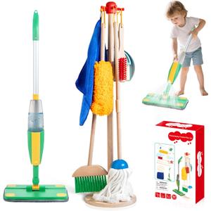 Wooden Kids Cleaning Set with Spray Mop, Montessori Cleaning Toys Real Water Sprayer and Toddler Broom Mop Set, Housework Pretend Play Toy Gift for Boys Girls Ages 3+