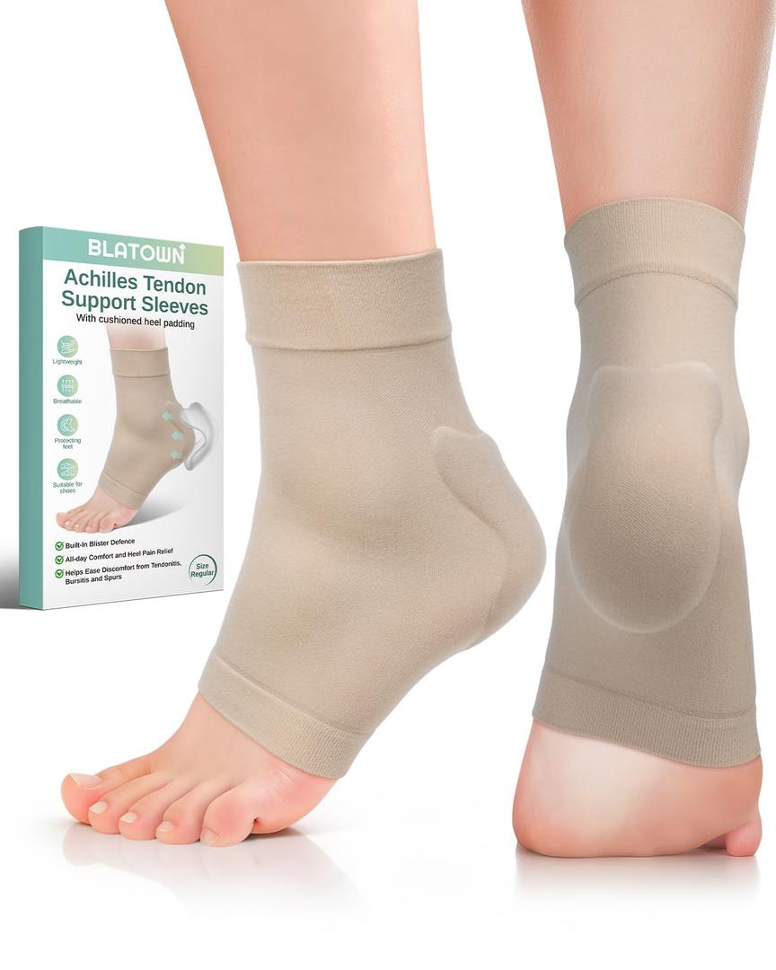 Achilles Tendon Support with Silicone Heel Protector Cushion Pad, Achilles Tendonitis Relief Sleeve Brace Compression Socks for Women Men Plantar Fasciitis, Bursitis, 1 Pair (Beige, Large)