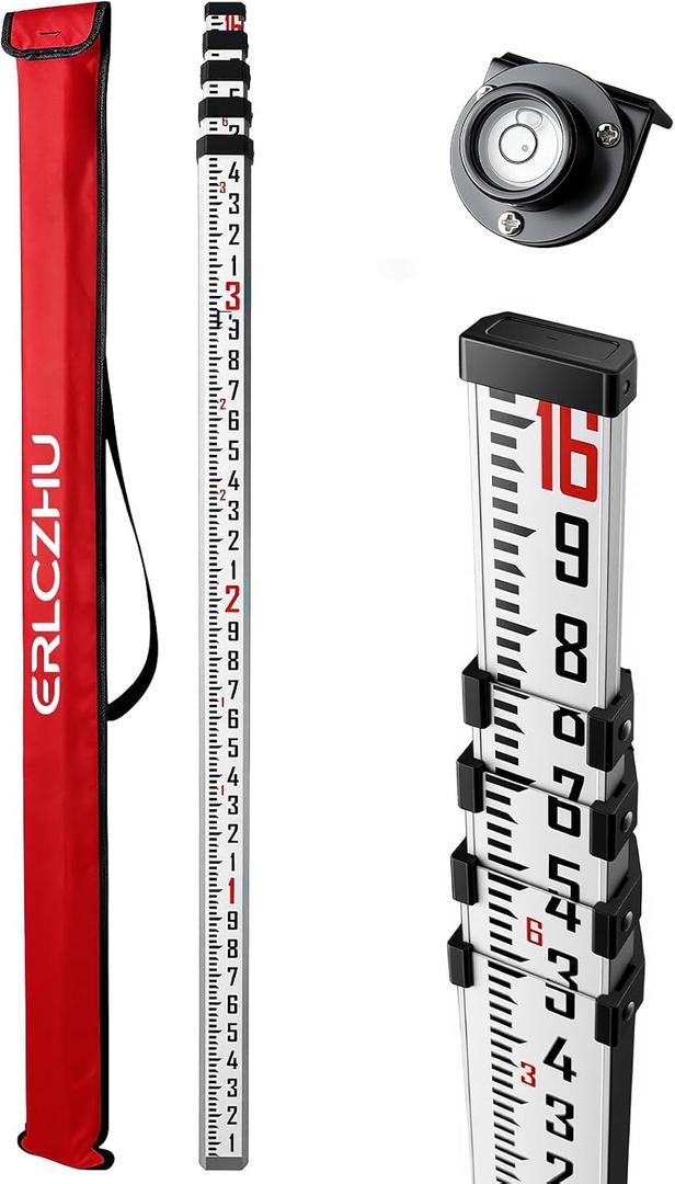 16 FT Sided Aluminum Grade Rod, 5 Sections Telescopic Measuring Rod, Double-Sided Scale Grade Stick, 10ths Grade Rod Telescopic Rectangular Leveling Rod with Bubble Level and Lock Button