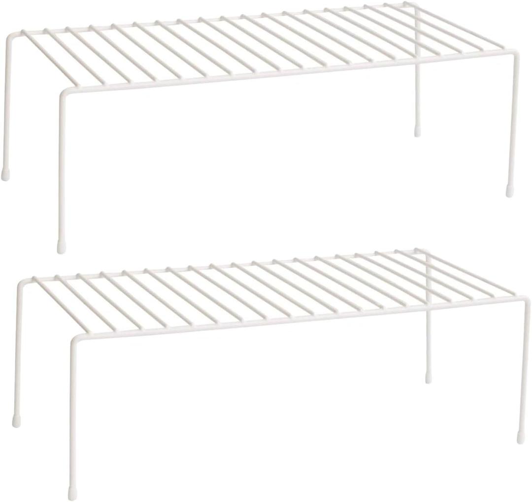 Lonian Kitchen Cupboard Organiser, Home and Kitchen Storage Shelf Wire Rack Made of Metal for Kitchen Cabinets, Counter-Tops, Pantries, Food and Utensils - White (Pack of 2)
